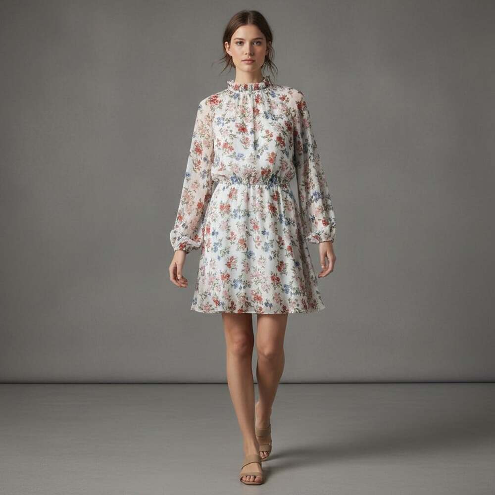 Blue Rain Floral Metallic Shimmer Chiffon Dress Ruffle Collar Wedding Guest XS